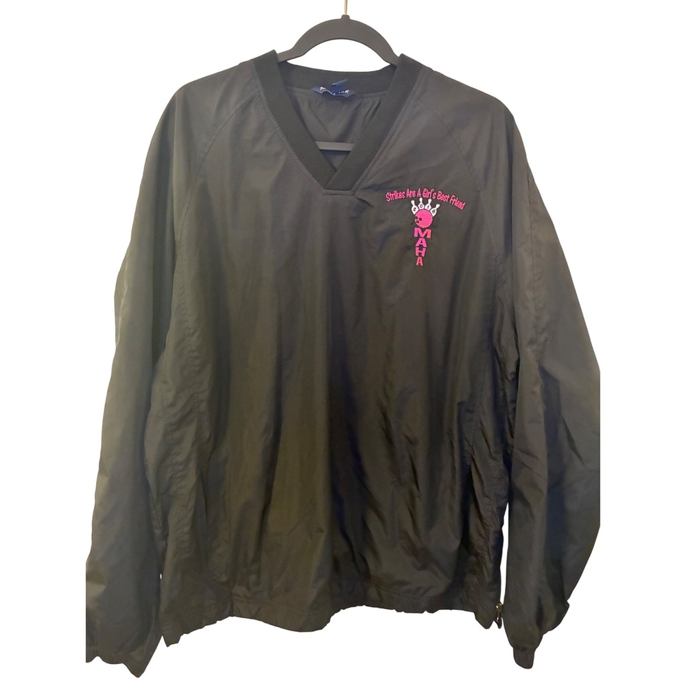 Vintage Sport-Tek Womens Black Bowling Windbreaker Pullover Jacket Large MAHA